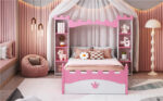 Castle-Shaped Wooden Bed with Storage Shelf, Dreamy Twin Size Platform Bed for Kids Bedroom, White + Pink - imagine 8