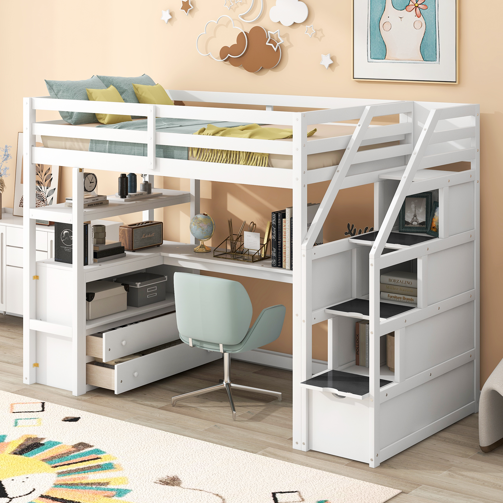 558112877 Twin Size Loft Bed with Desk and Shelves Two Built-in Drawers Storage Staircase White - imagine 1