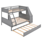 Twin over Full Bunk Bed with Trundle and Built-in Desk, Three Storage Drawers and Shelf,Gray - imagine 11