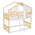 Twin over Twin House Bunk Bed with Roof , Window, Window Box, Door , with Safety Guardrails and Ladder, Natural/White - imagine 19