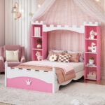 Castle-Shaped Wooden Bed with Storage Shelf, Dreamy Twin Size Platform Bed for Kids Bedroom, Pink+ White - imagine 2