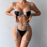 Lingerie Style Sexy Set with Gold and Silver Striped PU Leather Splicing for Women