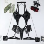 Black PU Leather Metallic Chain Neckline Hip Tassel Decorated Hollow Out Sexy Jumpsuit - imagine 6