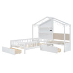 Twin Size House Bed with Upholstered Sofa, House Bed with Charging Station, Wireless Charging, Shelves and Two Drawers, White - imagine 8