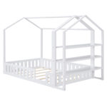 Full Size Wood House Bed with Fence and Detachable Storage Shelves, White - imagine 3