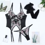 Embroidered Flower Set Two-Piece Panties and Suspender Socks European and American Style Lingerie Hollow Out Three-Piece Set - imagine 6