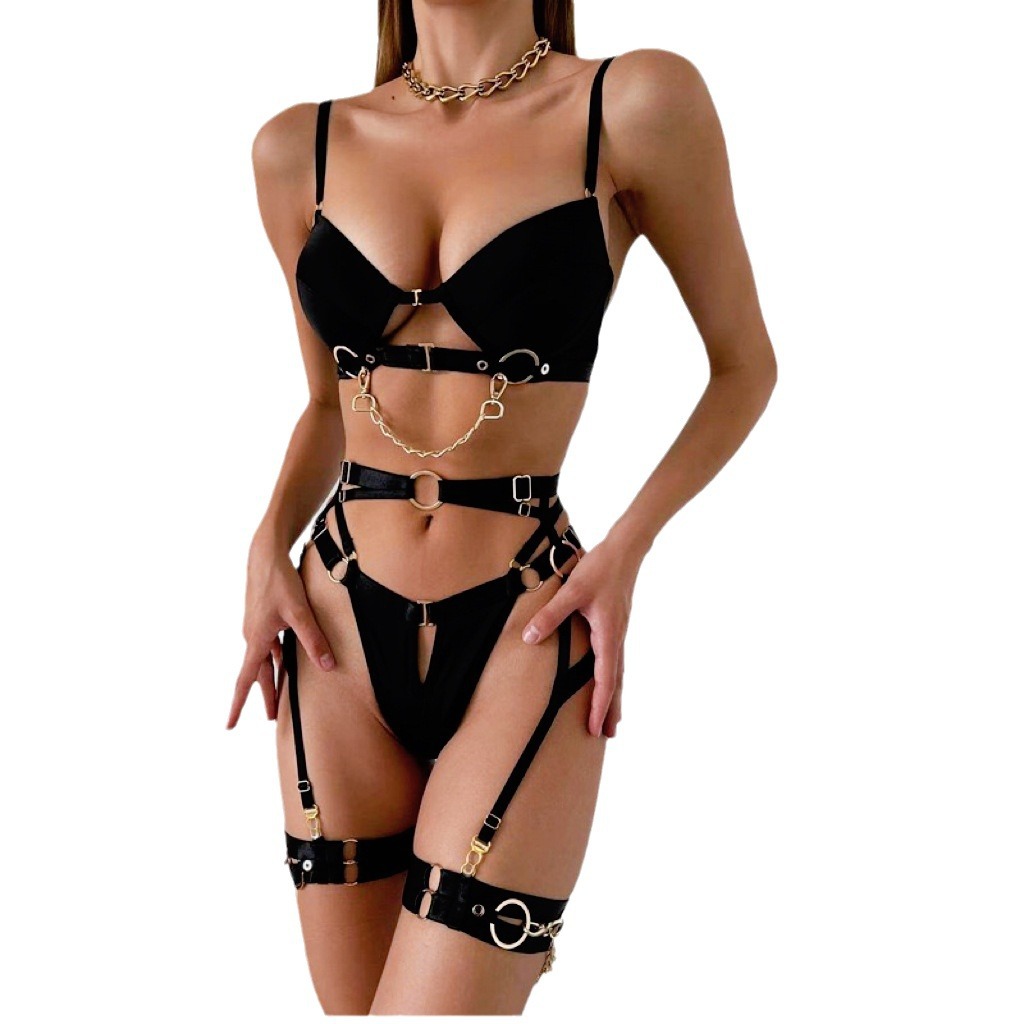 558093405 Sexy Metal Chain Motorcycle Accessories Complex Craft Front Button Erotic Underwear Four-Piece Set - imagine 1