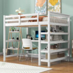 Full Size Loft Bed with Storage Shelves and Under-bed Desk  White