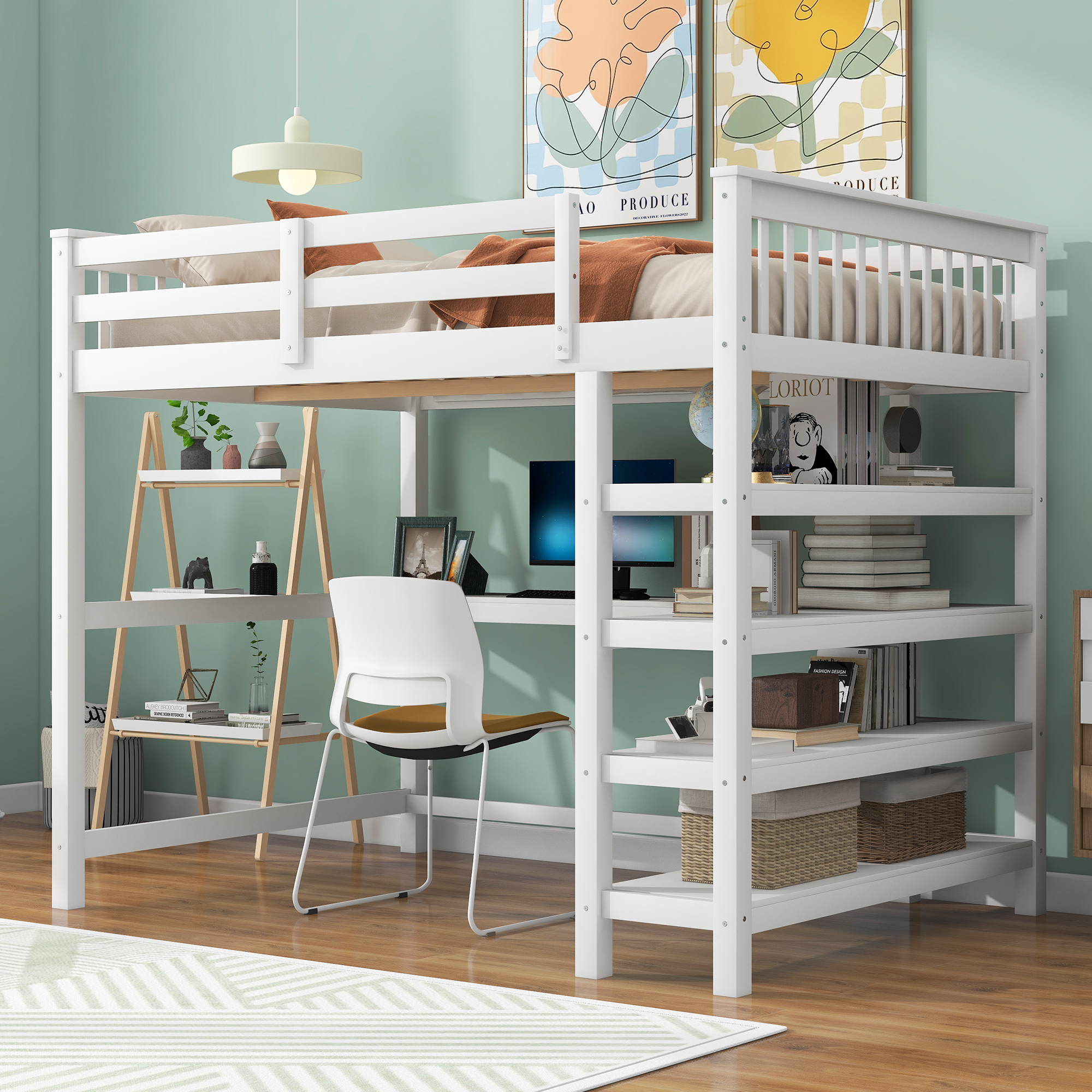 558112945 Full Size Loft Bed with Storage Shelves and Under-bed Desk White - imagine 1