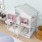Twin over Twin House Bunk Bed with Roof , Window, Window Box, Door , with Safety Guardrails and Ladder, Pink/White - imagine 26