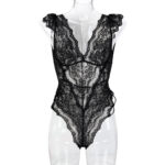 Mysterious Black Lace Deep V-Neck Sexy Butt Belted Jumpsuit - imagine 6