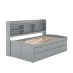 Twin Size Wooden Captain Bed with Built-in Bookshelves,Three Storage Drawers and Trundle Light Grey - imagine 7