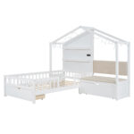 Twin Size House Bed with Upholstered Sofa, House Bed with Charging Station, Wireless Charging, Shelves and Two Drawers, White - imagine 17