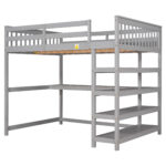 Full Size Loft Bed with Storage Shelves and Under-bed Desk, Gray - imagine 6