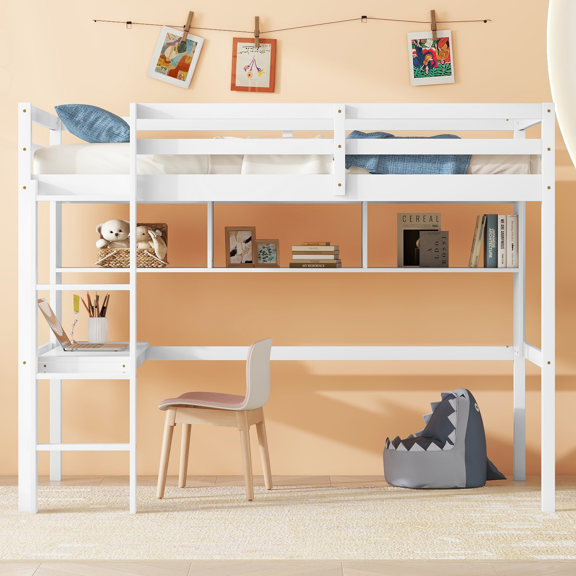 558114013 Twin Loft Bed with built-in desk and bookcase of three compartments, Guardrails and Ladder,White - imagine 1