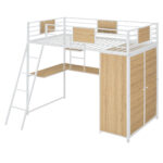 Twin Size Loft bed with L-shape Desk and Wardrobe, White - imagine 6