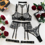Heavy Embroidery Metal Buckle Strap Sexy Lingerie Set for Women Transparent Shaping Front Button Five-Piece Set - imagine 6