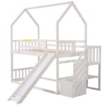 Twin over Twin House Bunk Bed with Convertible Slide,Storage Staircase,White - imagine 3