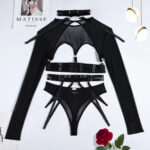 Complex Strap Halter Waistband Mesh Long Sleeve Sexy Women's Four-Piece Set - imagine 6