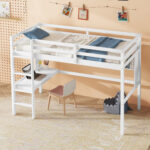 Twin Loft Bed with built-in desk and bookcase of three compartments, Guardrails and Ladder,White - imagine 9