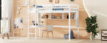 Twin Loft Bed with built-in desk and bookcase of three compartments, Guardrails and Ladder,White - imagine 24