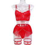 Cross-border Foreign Trade Lingerie Red Lace Metal Chain Transparent Mesh Fluffy Mini Skirt Four-piece Set - imagine 6
