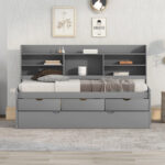 Twin Size Wooden Captain Bed with Built-in Bookshelves,Three Storage Drawers and Trundle Light Grey - imagine 14