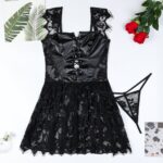 PU Motorcycle Patent Leather Studs Eyelet Lace-Up Splicing Lace Eyelash Large Flare Sexy Dress - imagine 6