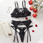 PU leather sexy gathering bra set with hollowed out backless sexy lingerie and underwear three piece set - imagine 5