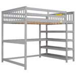 Full Size Loft Bed with Storage Shelves and Under-bed Desk, Gray - imagine 12