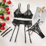 Sexy Transparent Tempting Embroidered Bra and Garter Belt Four-Piece Set for Women's Valentine's Day Lingerie - imagine 6