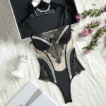 Sexy engraved backless mesh see through lace patchwork contrasting color jumpsuit for women - imagine 6