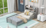 Wood Twin Size Platform Bed with Built-in LED Light Storage Headboard and Guardrail Antique Grey - imagine 15