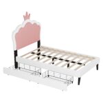 Twin cushion princess bed with crown headboard and 2 drawers with headboard and footrest, pink+white - imagine 15