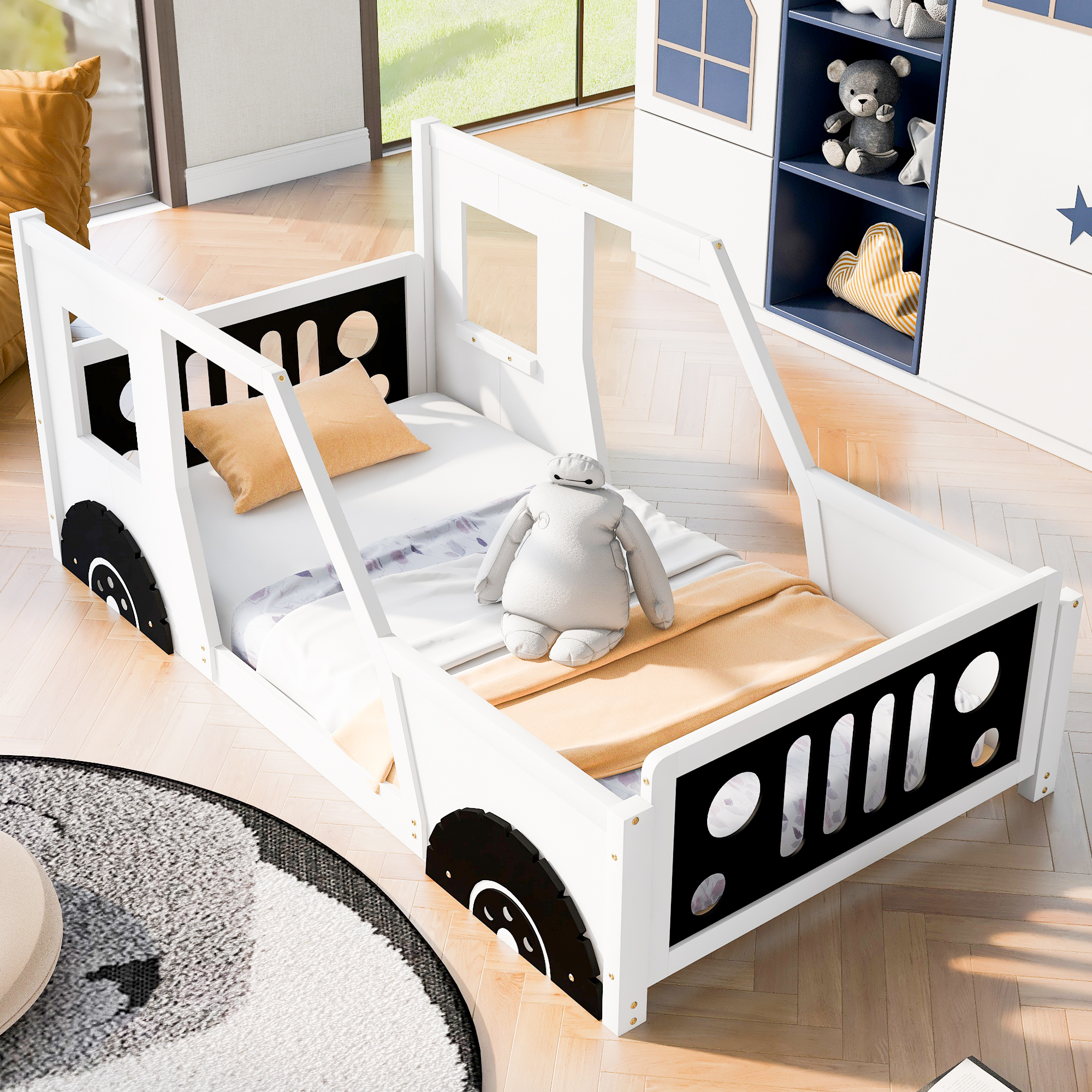 558114315 Twin Size Classic Car-Shaped Platform Bed with Wheels White - imagine 1