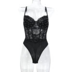 European and American Black Heavy Embroidered Rhinestone Hand-Worn Bone Shaping Two-Layer Bust Cup Lace Bodysuit Can Be Worn Alone - imagine 6