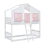 Twin over Twin House Bunk Bed with Roof , Window, Window Box, Door , with Safety Guardrails and Ladder, Pink/White - imagine 21