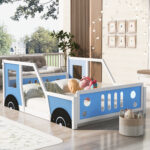 Full Size Classic Car-Shaped Platform Bed with Wheels,Blue - imagine 4