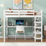 Full Size Loft Bed with Storage Shelves and Under-bed Desk White - imagine 11