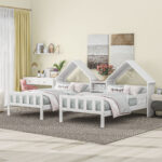 Double Twin Size Platform Bed with House-shaped Headboard and a Built-in Nightstand, White - imagine 3
