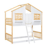 Twin over Twin House Bunk Bed with Roof , Window, Window Box, Door , with Safety Guardrails and Ladder, Natural/White - imagine 3