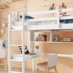 Twin Loft Bed with built-in desk and bookcase of three compartments, Guardrails and Ladder,White - imagine 21