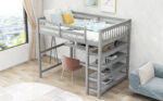Full Size Loft Bed with Storage Shelves and Under-bed Desk, Gray - imagine 2