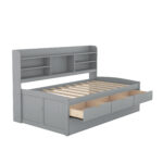 Twin Size Wooden Captain Bed with Built-in Bookshelves,Three Storage Drawers and Trundle Light Grey - imagine 11