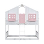 Twin over Twin House Bunk Bed with Roof , Window, Window Box, Door , with Safety Guardrails and Ladder, Pink/White - imagine 14