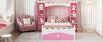 Castle-Shaped Wooden Bed with Storage Shelf, Dreamy Twin Size Platform Bed for Kids Bedroom, Pink+ White - imagine 11