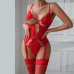 Red Lace  Women's Fashion Sexy Deep V-Neck Metal Chain Hollow Out Erotic Bodysuit - imagine 4