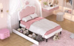 Twin cushion princess bed with crown headboard and 2 drawers with headboard and footrest, pink+white - imagine 10
