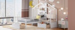 Twin Size House Bed with Upholstered Sofa, House Bed with Charging Station, Wireless Charging, Shelves and Two Drawers, White - imagine 9