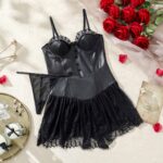 Lace sexy mesh PU spicy girl sexy suspender dress set - imagine 5